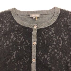 Vince Camuto S Cardigan Grey Sweater Black Lace Button Down Excellent Condition
